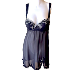 Inner Secret Black Sheer Embroidered Baby Doll Gown Large